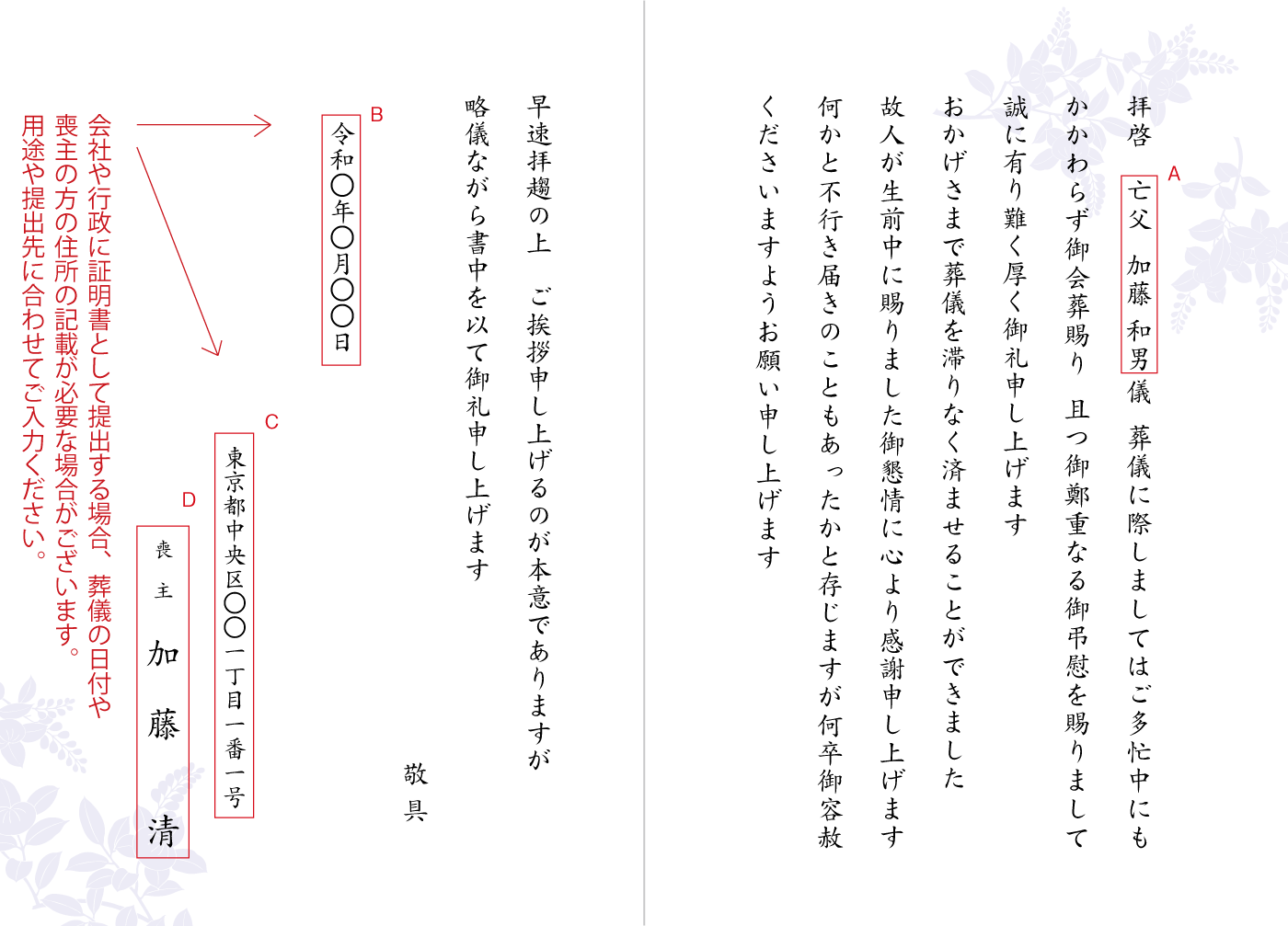 会葬礼状　絵柄カード　見本