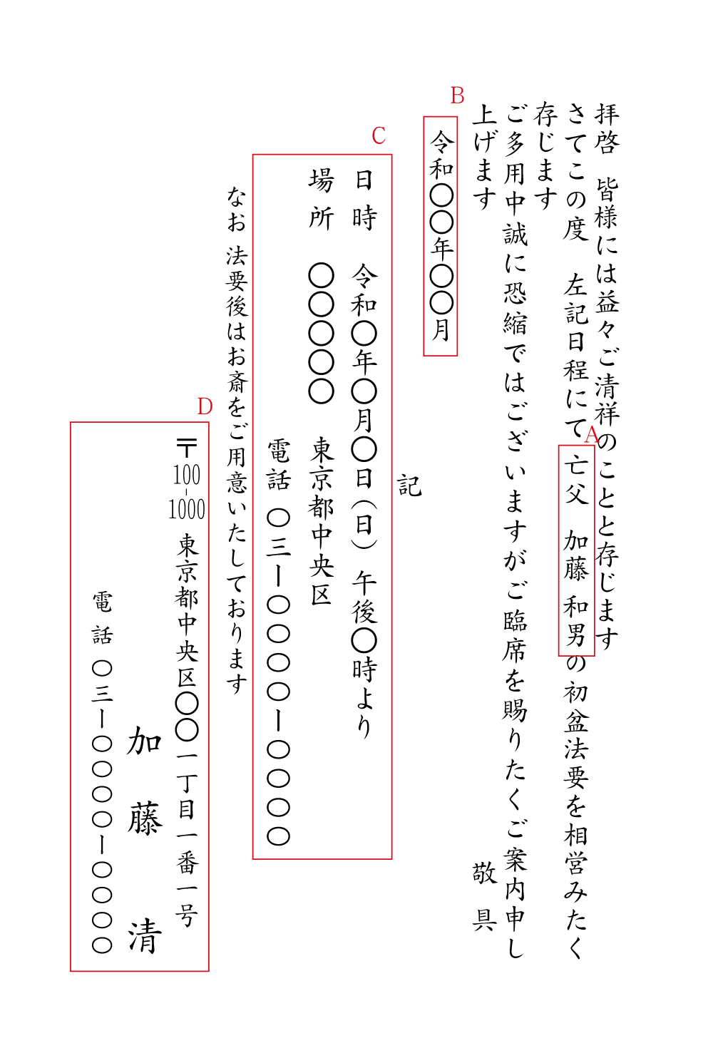初盆法要の案内状　挨拶状見本