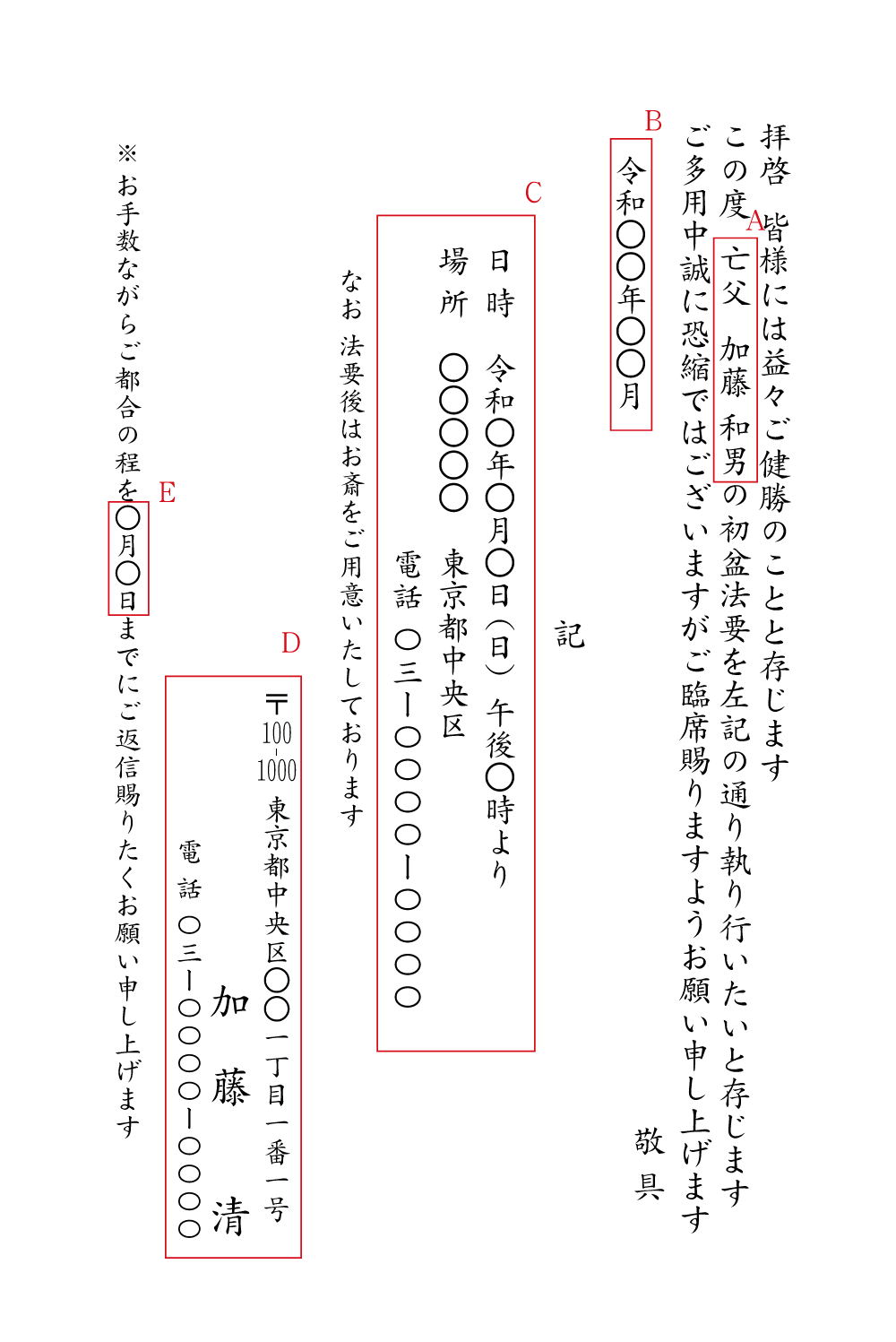 初盆法要の案内状　挨拶状見本
