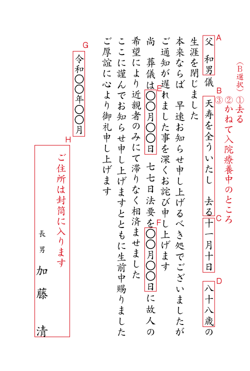 ac12死亡通知（葬儀と四十九日法要）　挨拶状例文