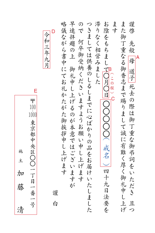 AD-03四十九日忌（七七日忌）法要の御礼返礼品戒名入り　挨拶状見本