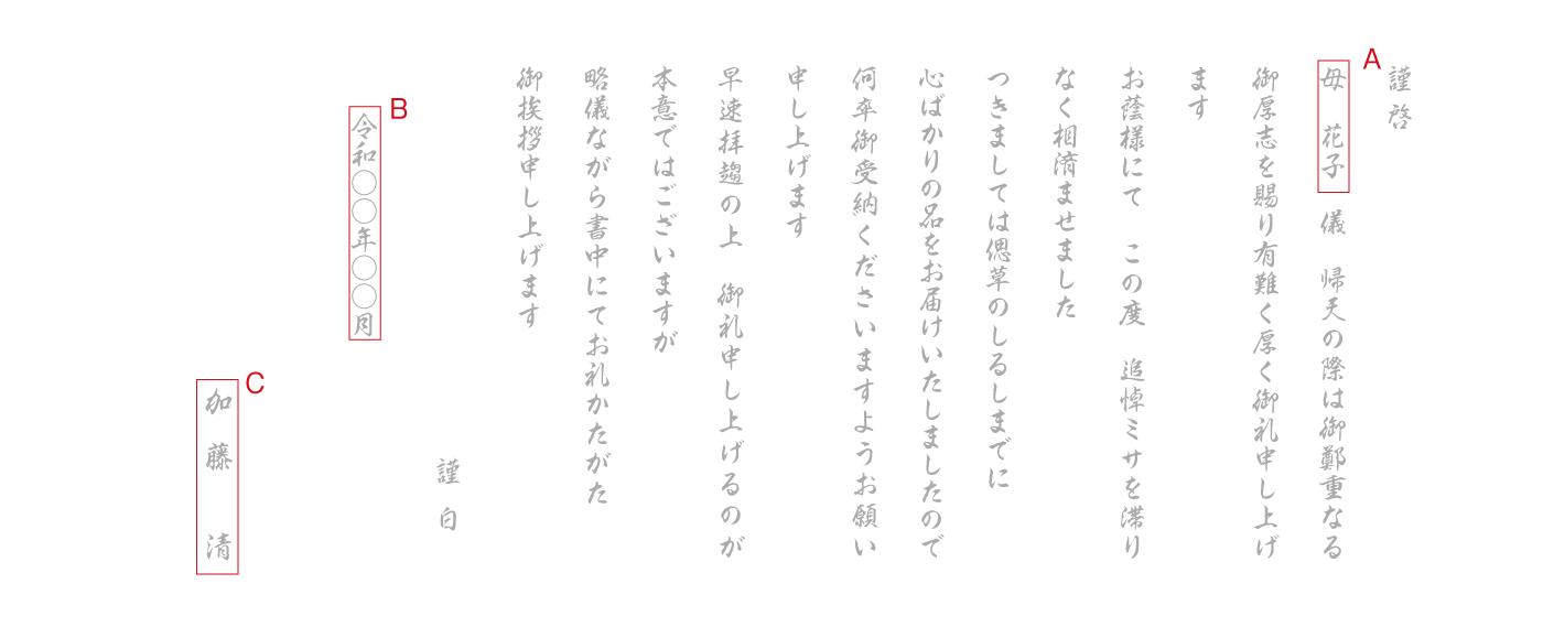 AD10追悼ミサ　法要のお礼状　返礼品　奉書　挨拶状見本