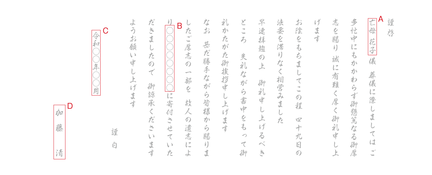 AD12 四十九日法要のお礼　ご厚志を寄付　奉書　挨拶状見本