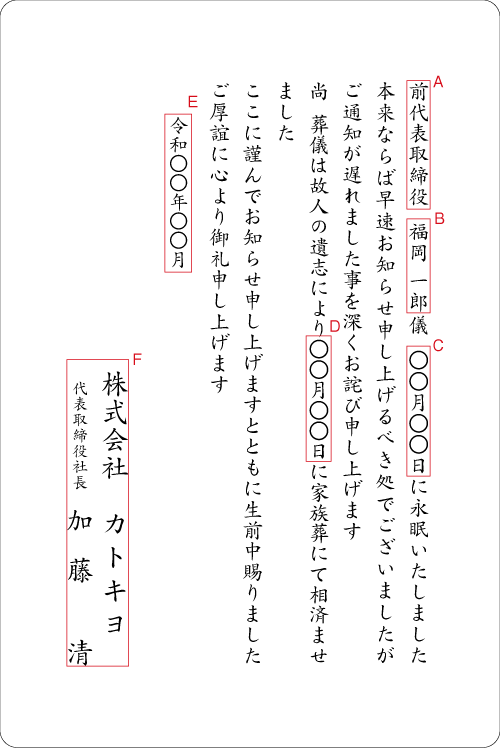 ah02死亡通知法人（家族葬にて）単カード　挨拶状例文