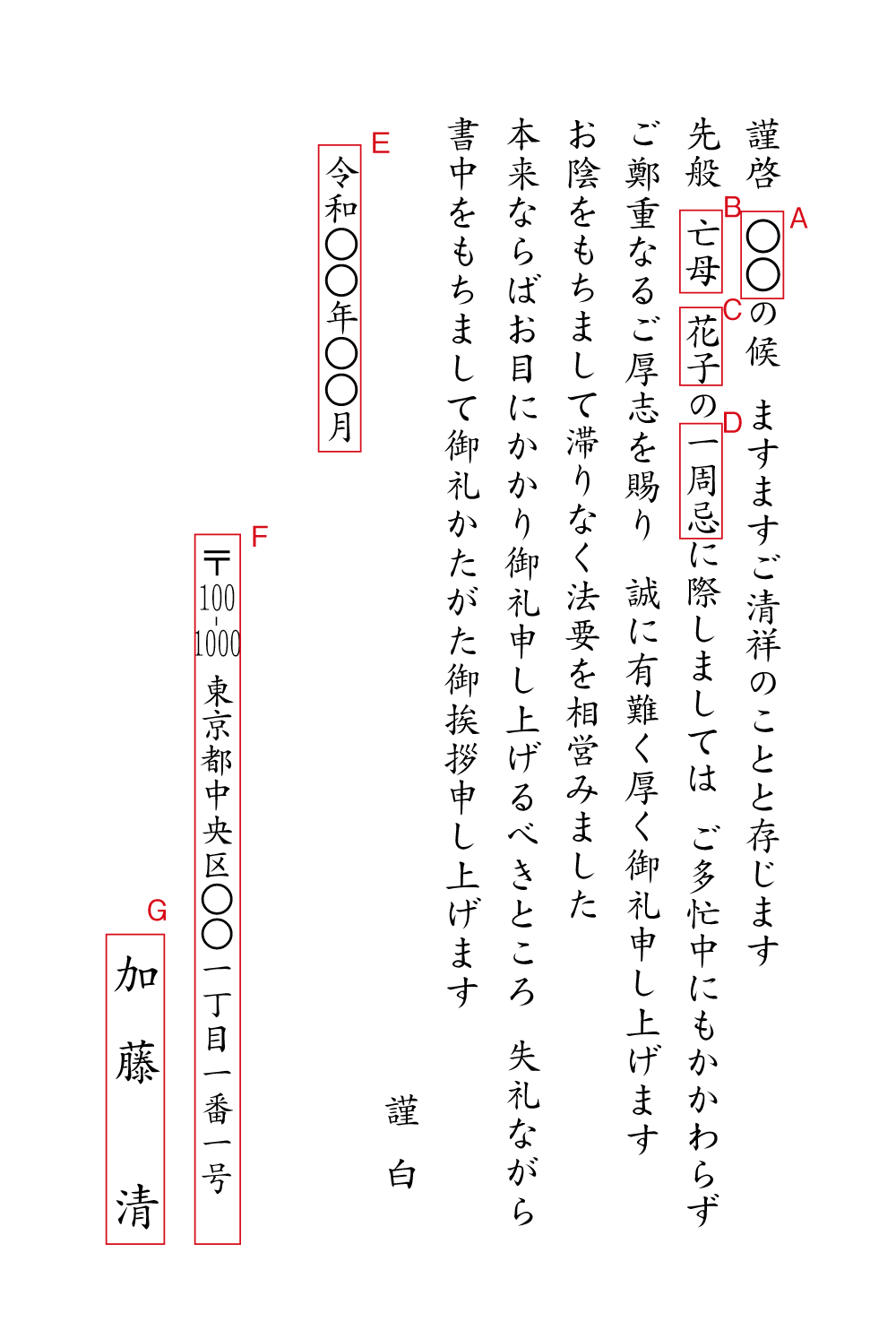 al01一周忌、年忌法要　お礼　ハガキ　挨拶状見本