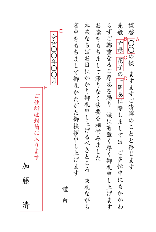 al01一周忌法要、年忌法要のお礼　挨拶状見本