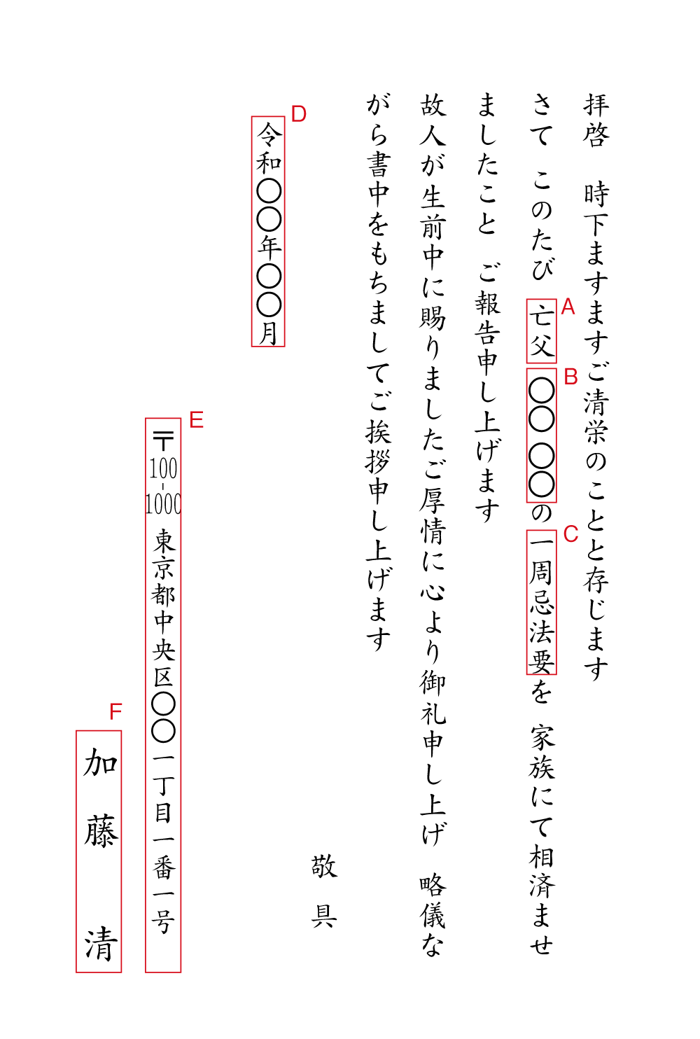 al03一周忌、年忌法要　家族のみで　報告　ハガキ　挨拶状見本