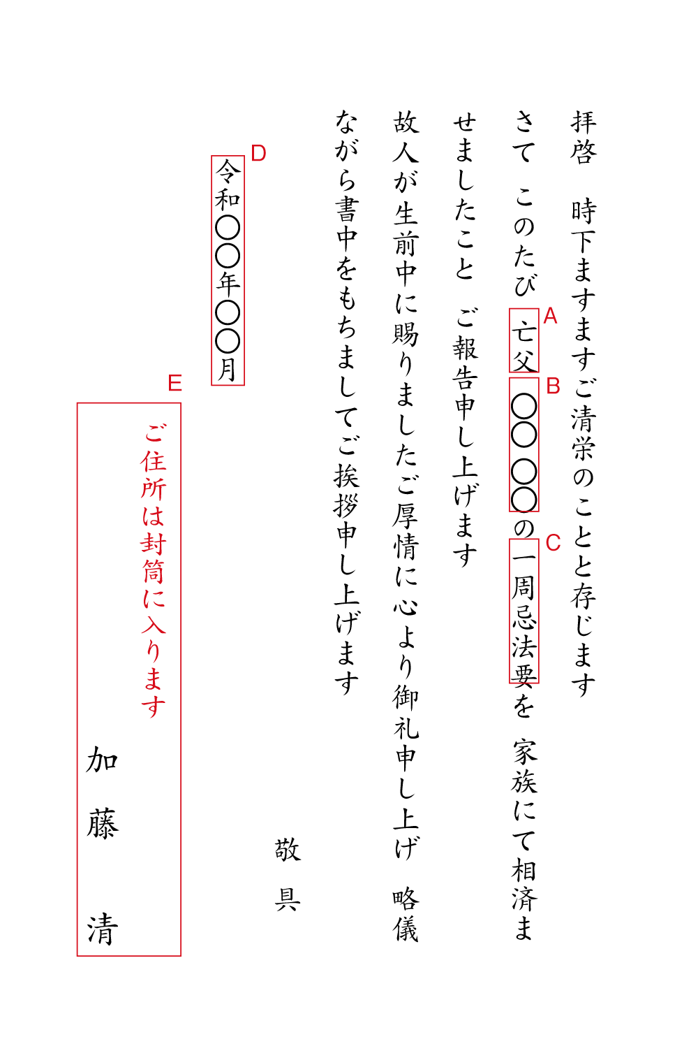 al03一周忌法要、年忌法要　家族のみで　報告　挨拶状見本