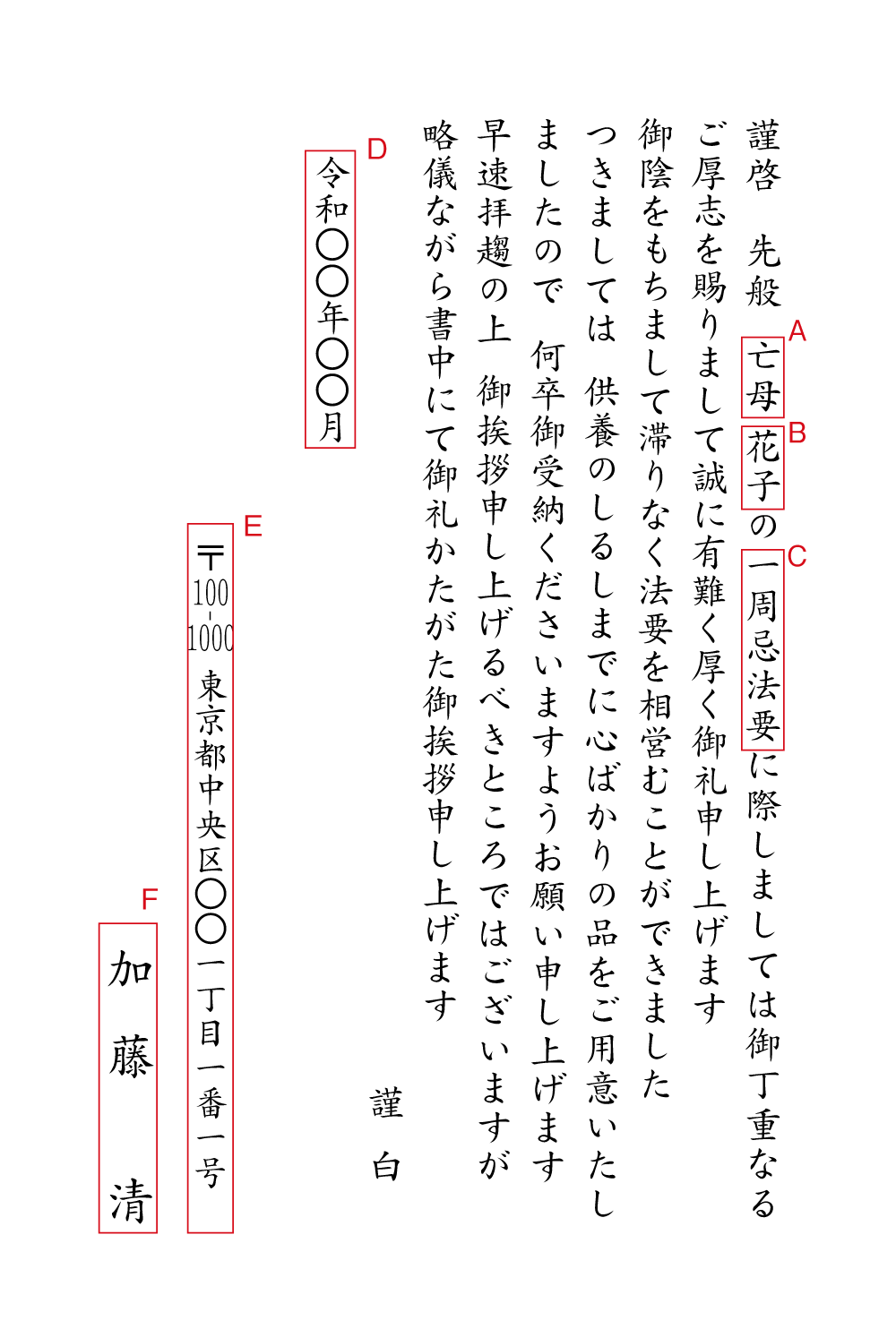 al04一周忌、年忌法要　返礼品　ハガキ　挨拶状見本