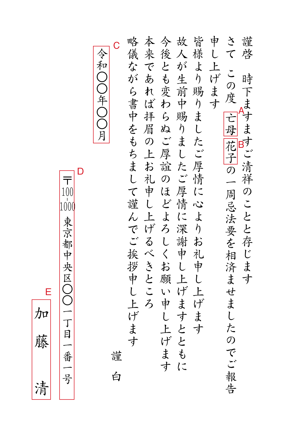 al06一周忌法要　報告　挨拶状見本