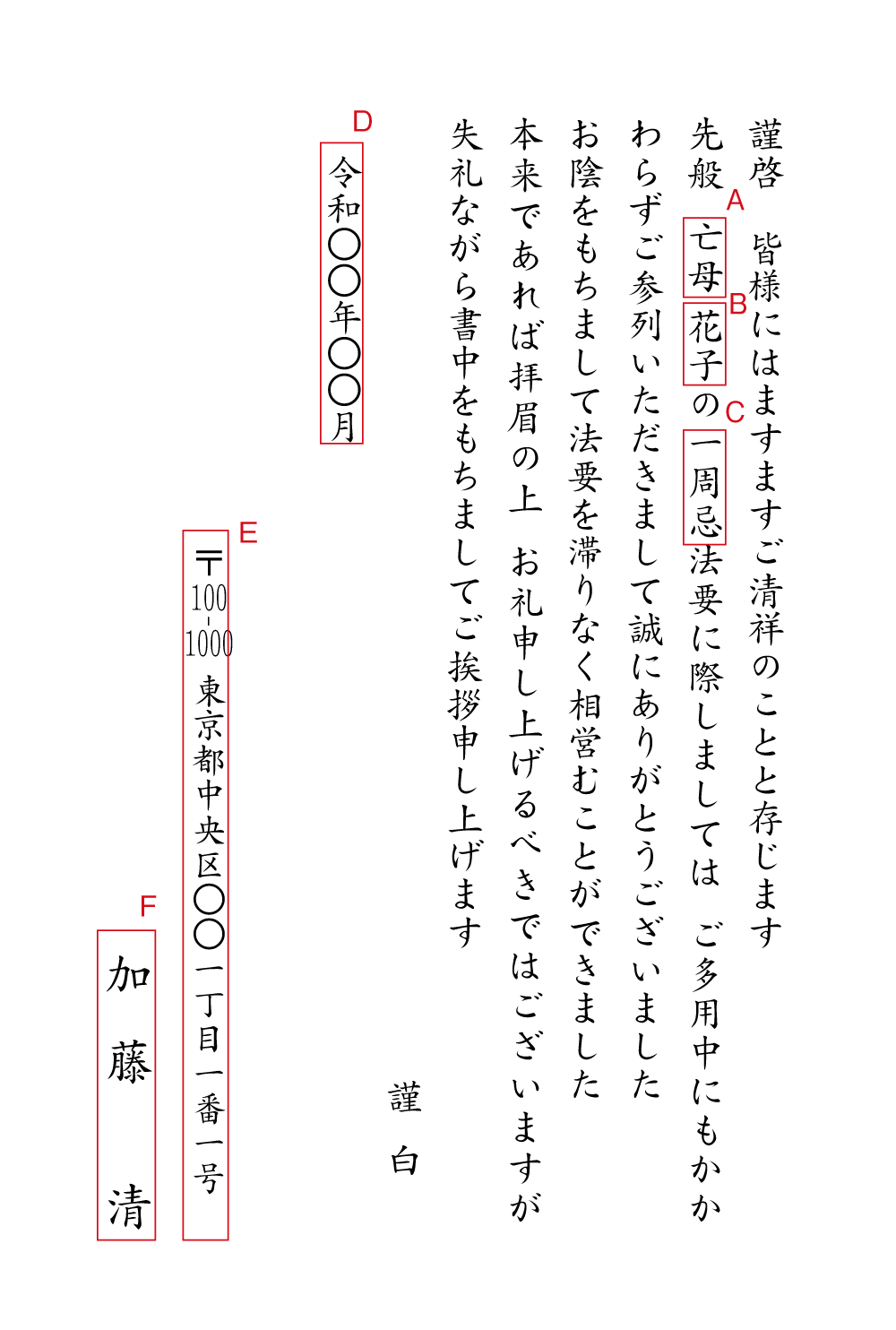 al07一周忌法要　参列のお礼　挨拶状見本