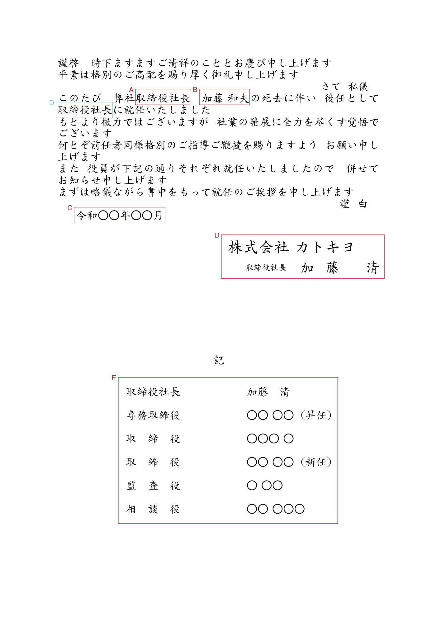 社長就任と役員就任（前社長死去に伴い）挨拶状例文