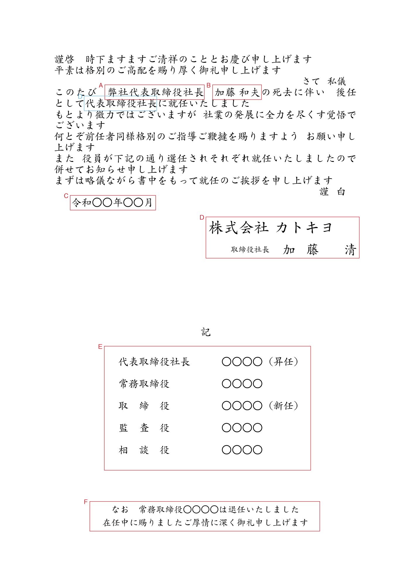 社長就任と役員就任（前社長死去　役員を選任　退任報告あり）挨拶状例文