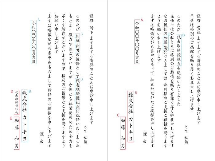 社長就任　就任挨拶と退任の挨拶　挨拶状　見本