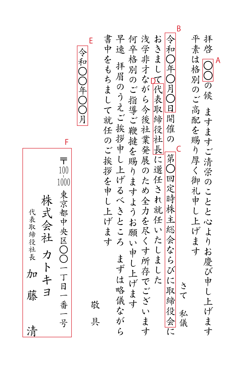 BA17 社長就任　株主総会・取締役会　挨拶状見本