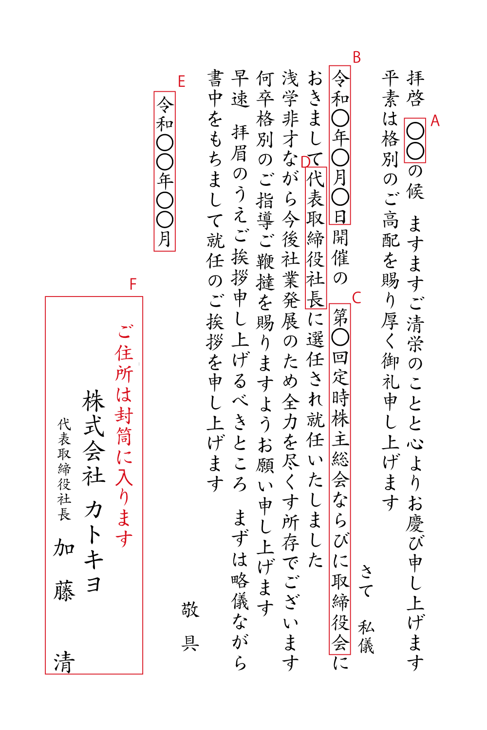 BA17社長就任　株主総会・取締役会　挨拶状見本