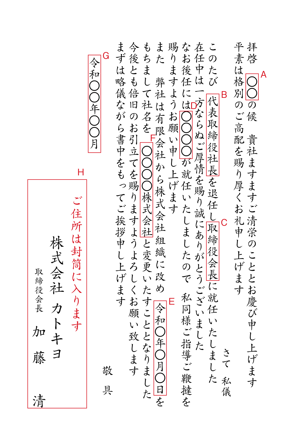 BA19社長交代（社長から会長へ　有限会社から株式会社へ）　挨拶状見本