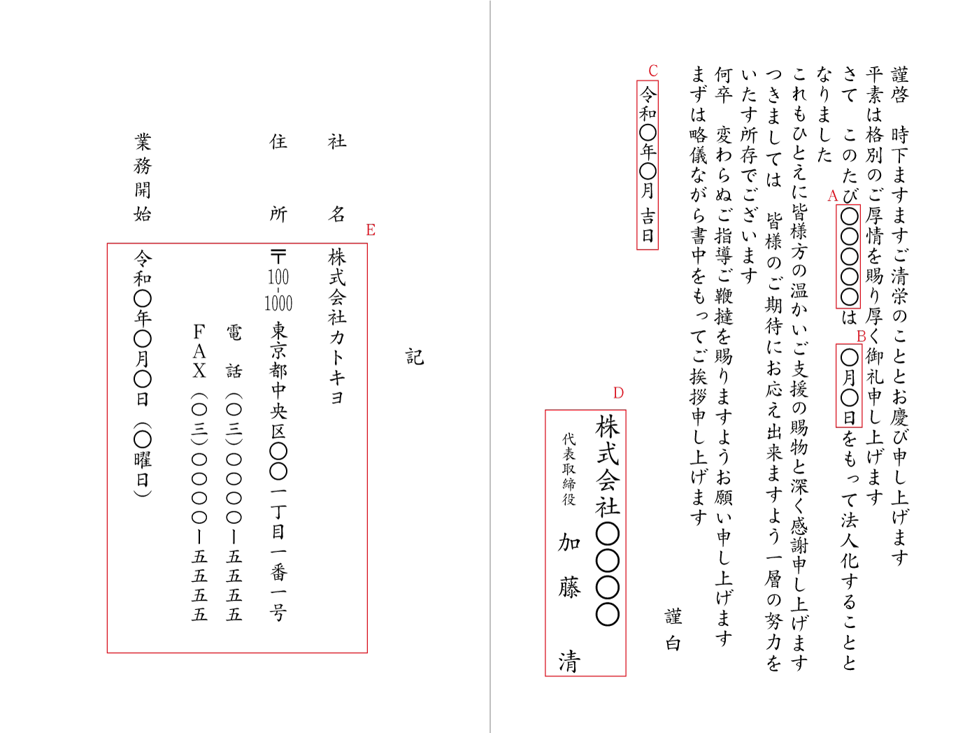 法人成り（銀行口座変更　振込先もあわせてご案内）二折カード　例文