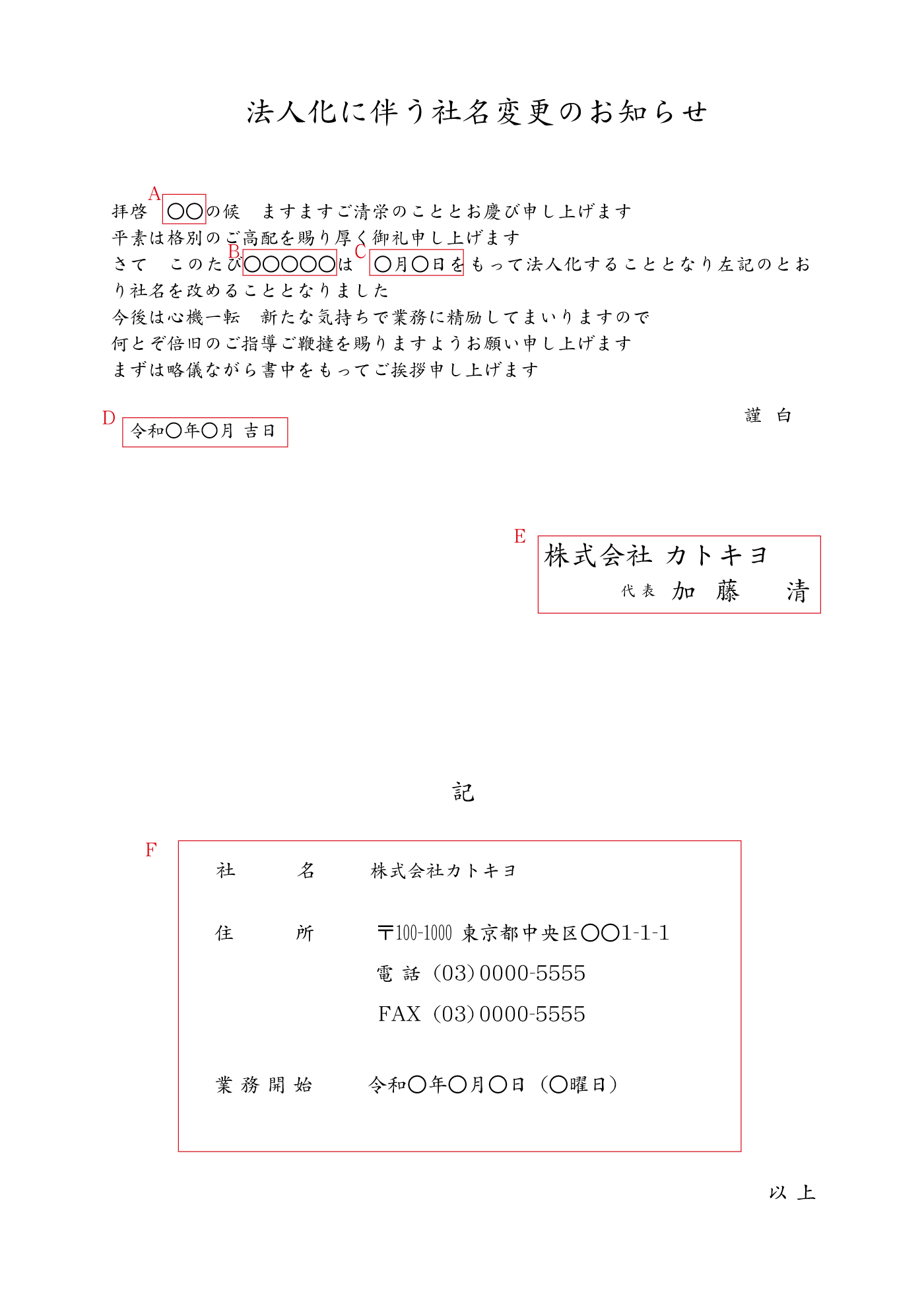A4サイズ見本 法人成り(法人化に伴う社名変更のお知らせ) 例文 法人成り(法人化に伴う社名変更のお知らせ) A4 例文