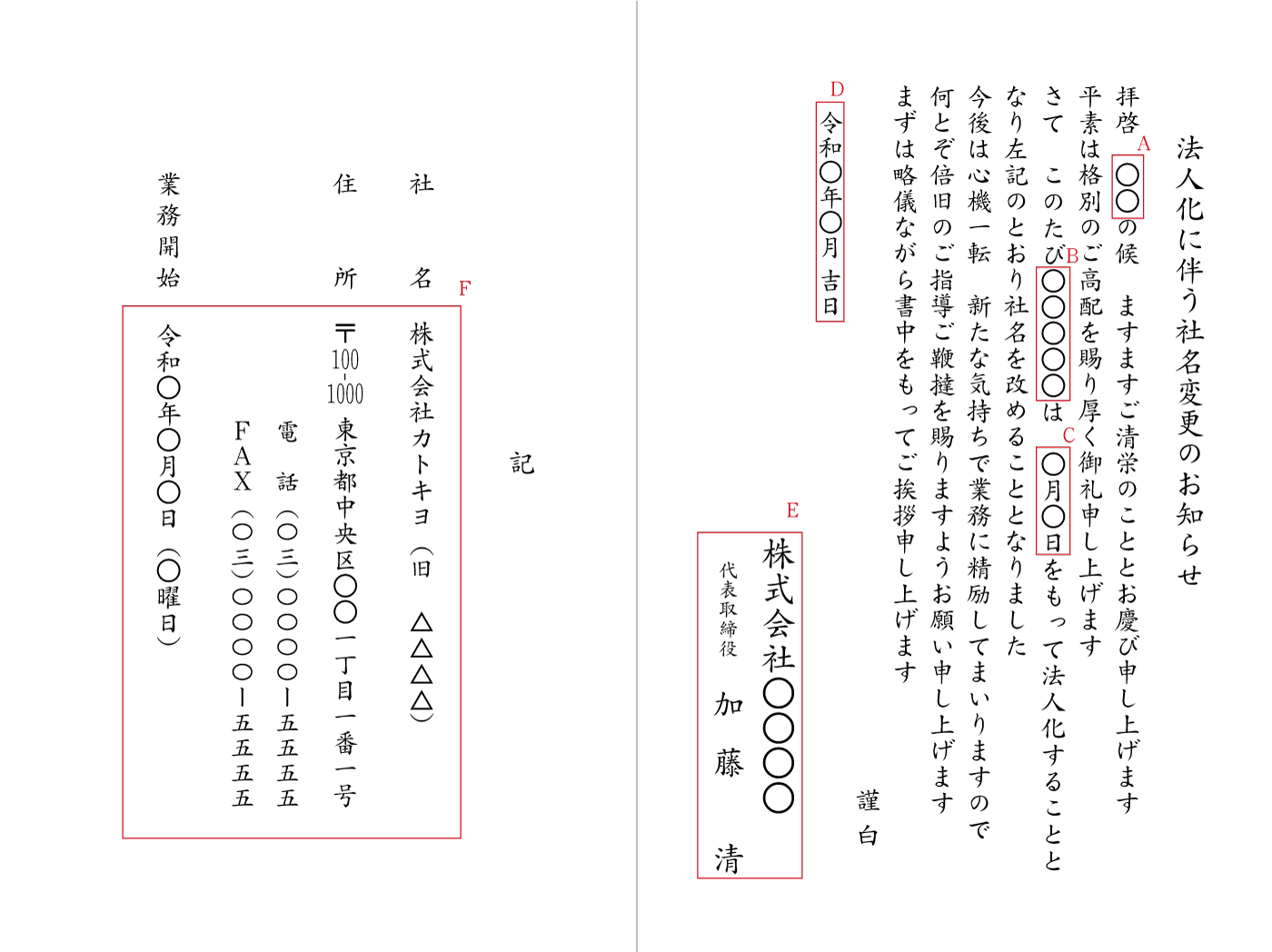 法人成り(法人化に伴う社名変更のお知らせ)二折カード 例文