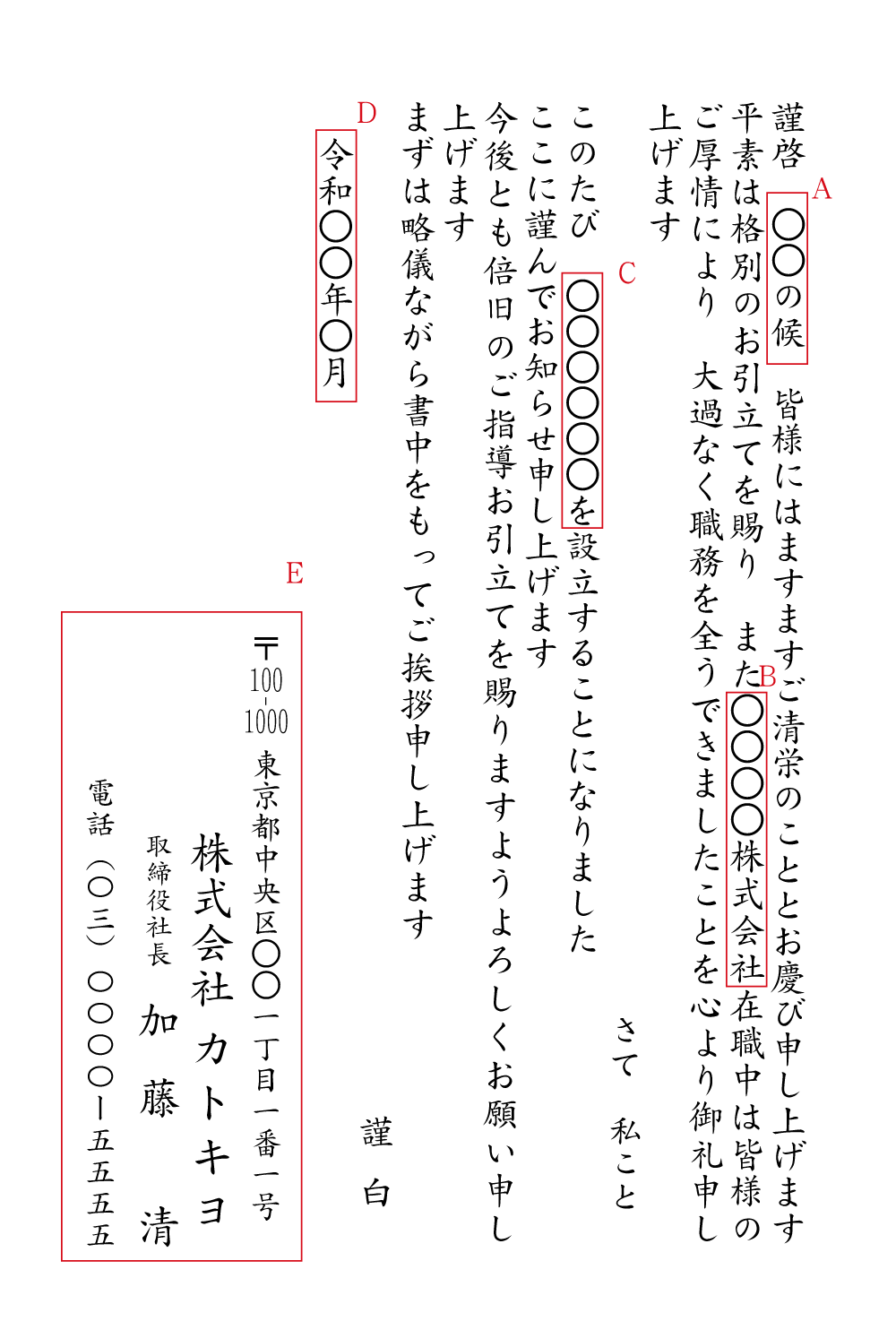独立開業(在職中のお礼・開業のお知らせ) 例文 ビジネス挨拶状