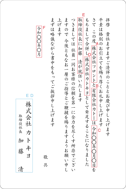 bf01合併（新規発足→社長就任）単カード　挨拶状見本