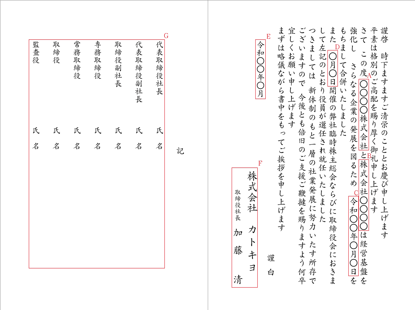 BF03会社合併　株主総会にて役員選任　挨拶状見本