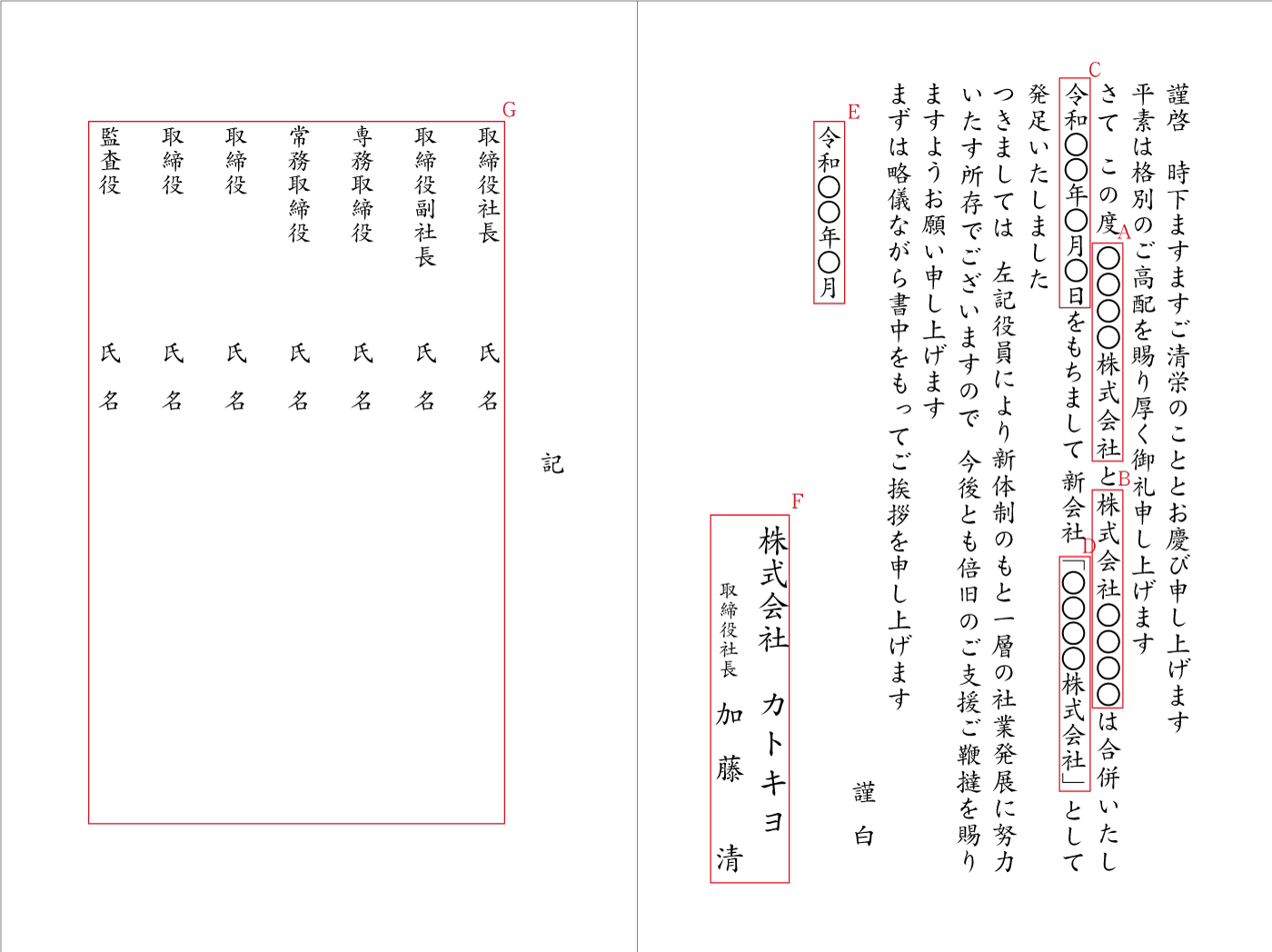 BF03会社合併　株主総会にて役員選任　挨拶状見本