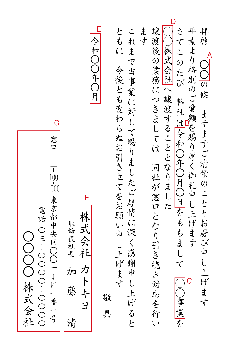 BF07 事業譲渡（第三者へ売却）　挨拶状見本