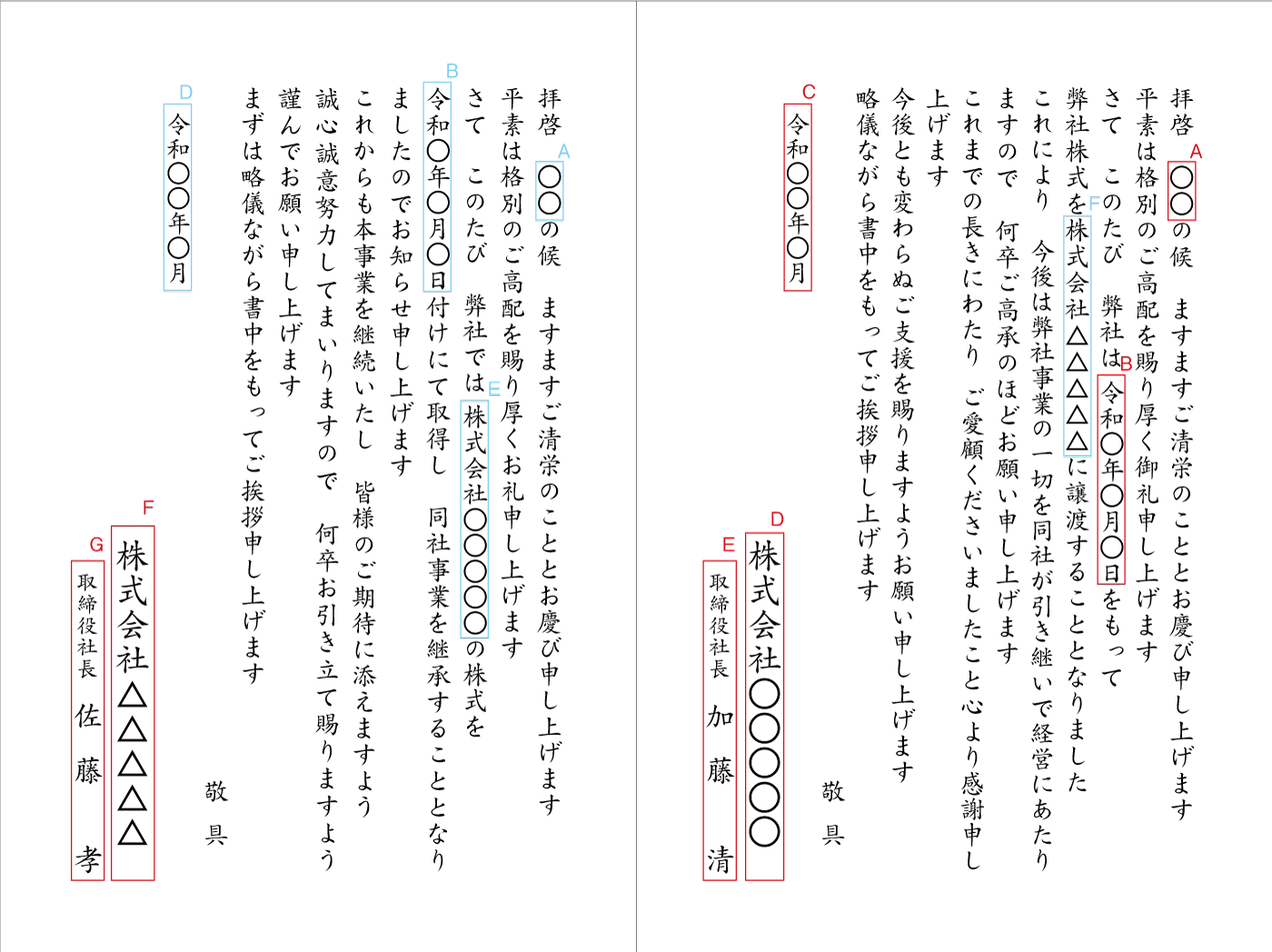 BF08 事業承継（株式譲渡・新旧併記）　挨拶状見本