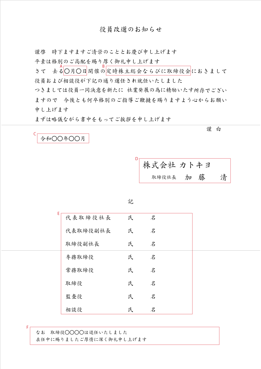 役員改選（株主総会・取締役会）　A4　例文