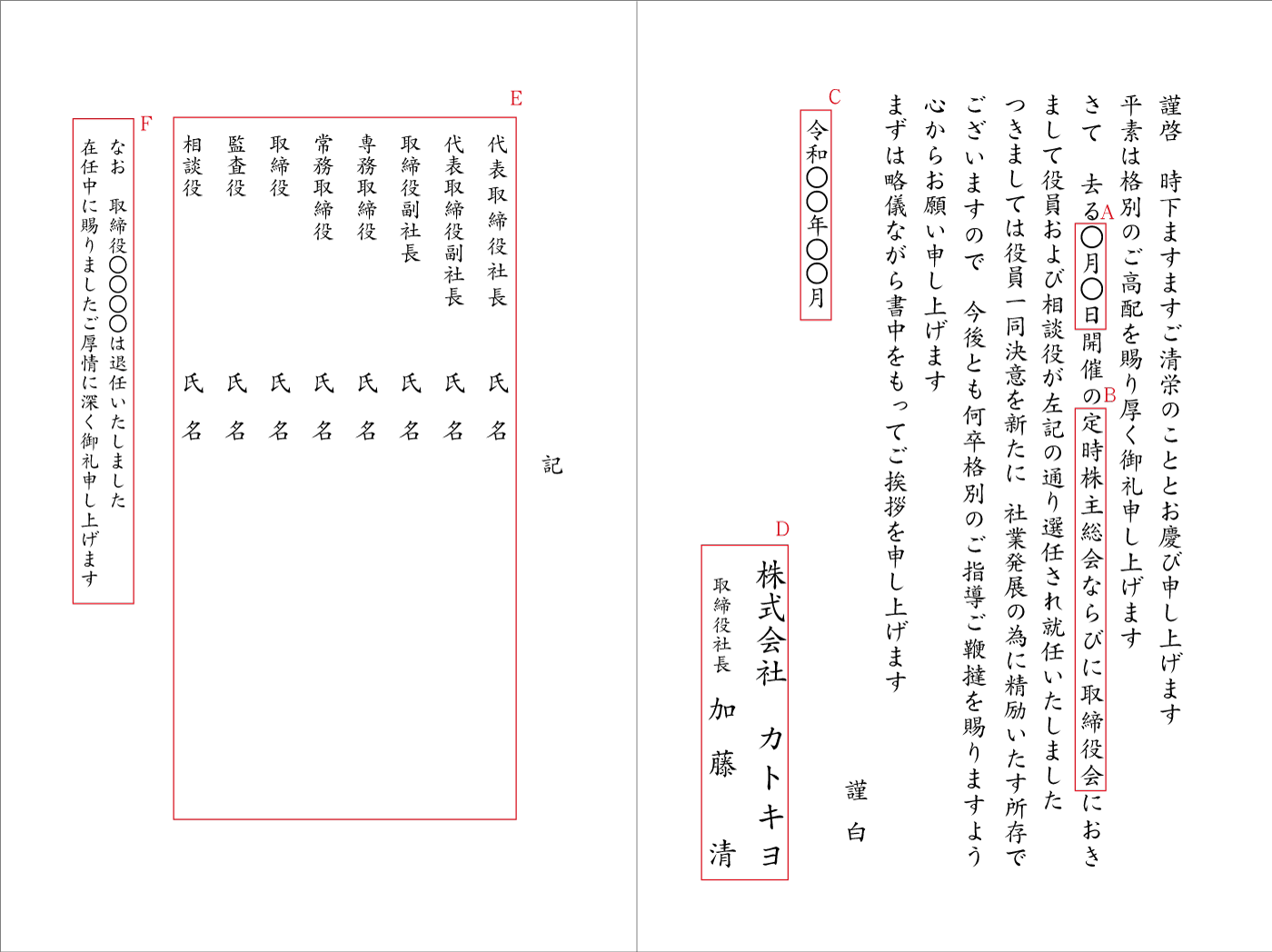 役員改選（株主総会・取締役会）二折カード　例文