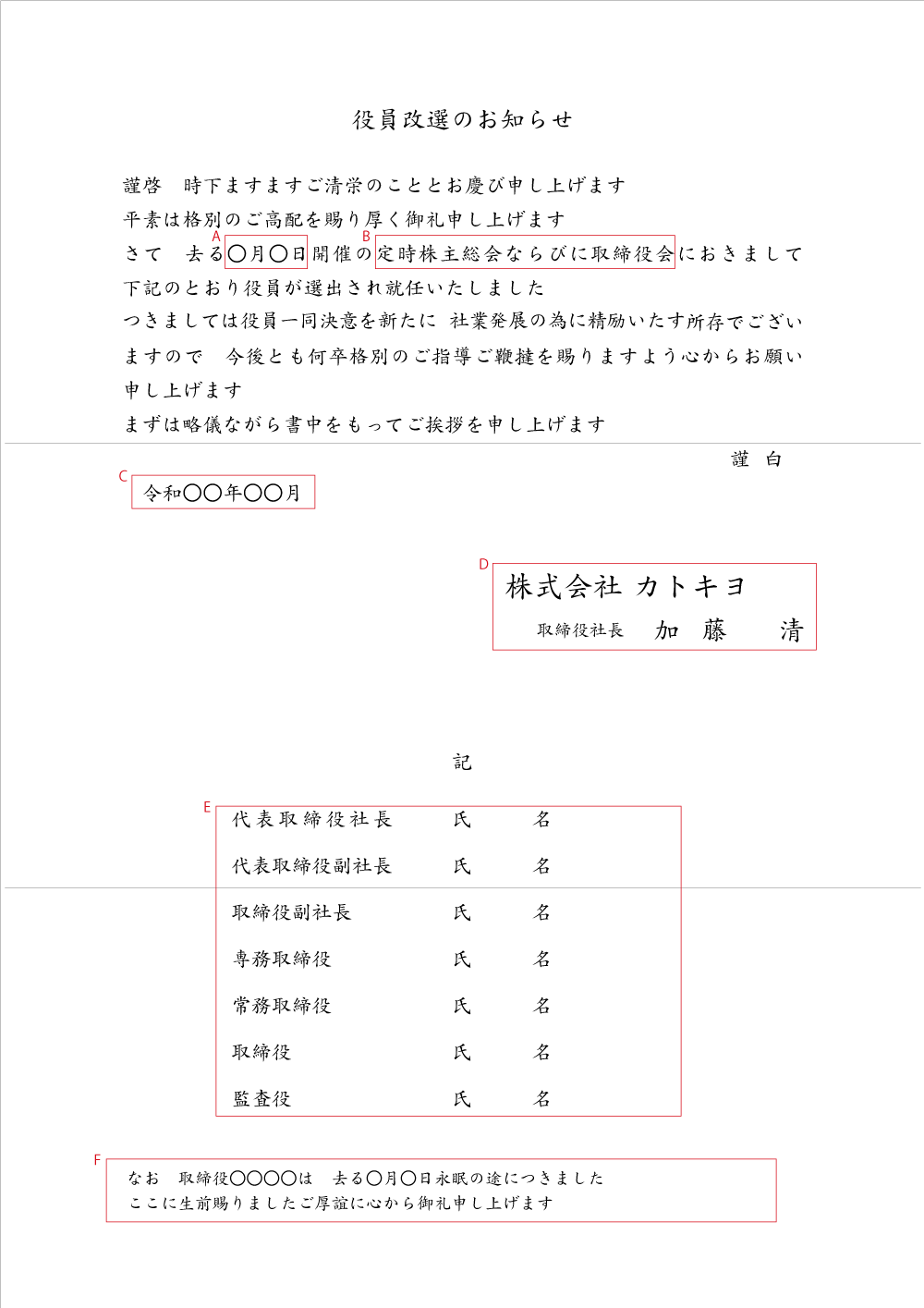 役員改選（株主総会・取締役会）　A4　例文