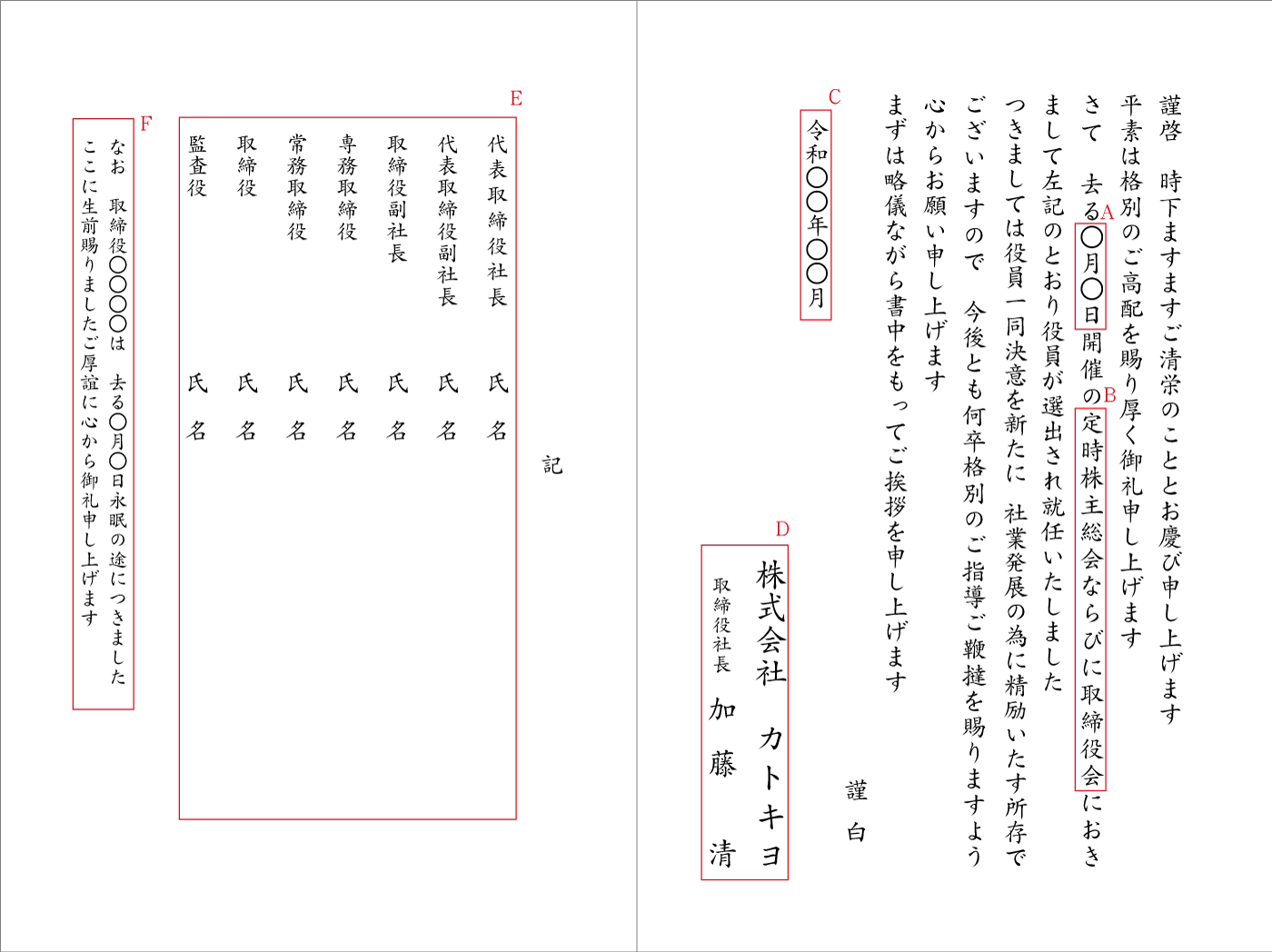 役員改選（株主総会・取締役会）二折カード　例文