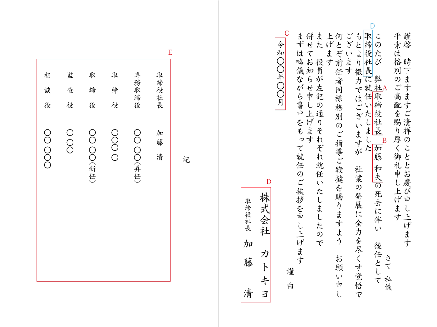 社長就任と役員就任 全役員名を記載（前社長死去に伴い）二折カード　例文