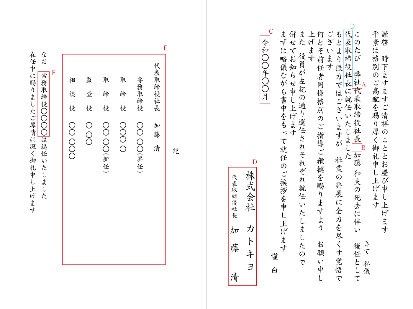 社長就任と役員就任 全役員名を記載（前社長死去に伴い・退任報告あり）二折カード　例文