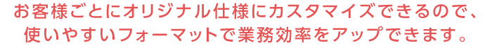 お客様ごとにオリジナル仕様にカスタマイズできるので、使いやすいフォーマットで業務効率をアップできます