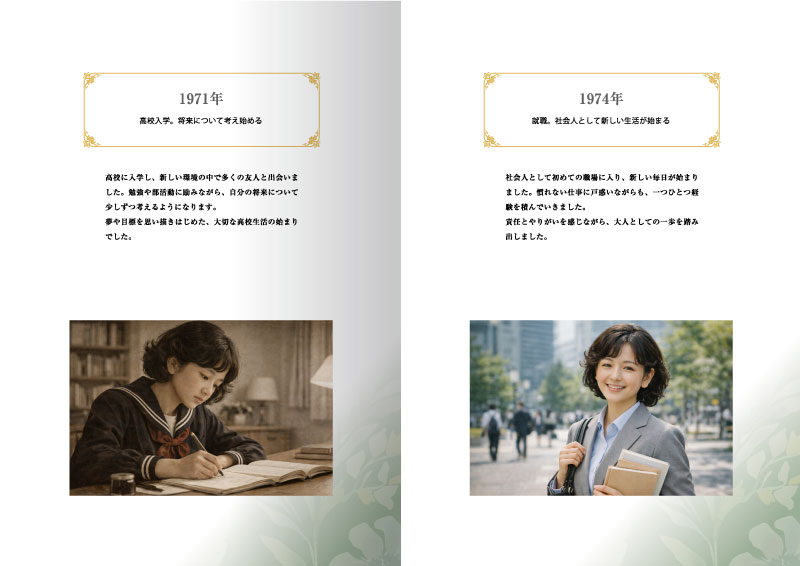 自分史　メモリアルブック デザインAの4〜5ページ見本