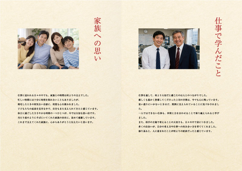 自分史　メモリアルブック デザインBの4〜5ページの見本