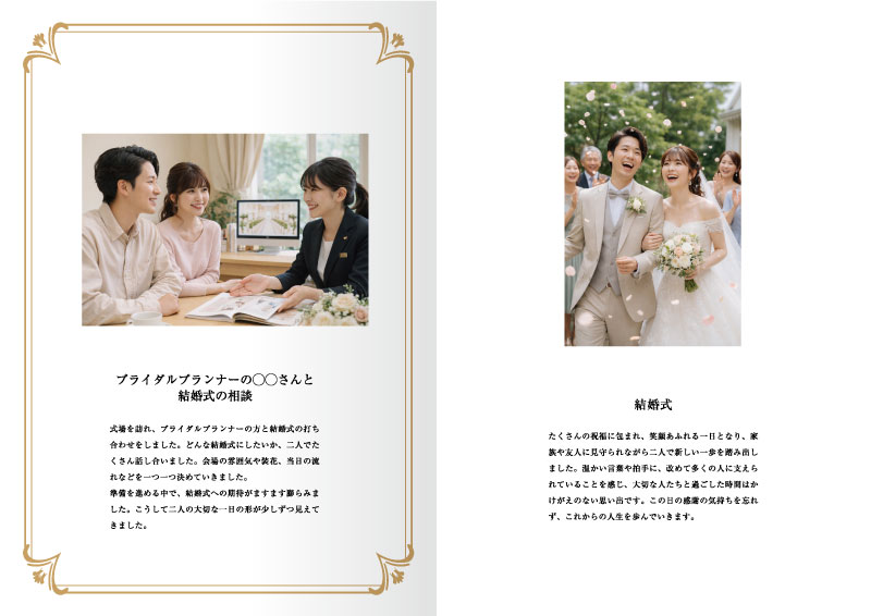 結婚記念メモリアルブック デザインAの4〜5ページ見本