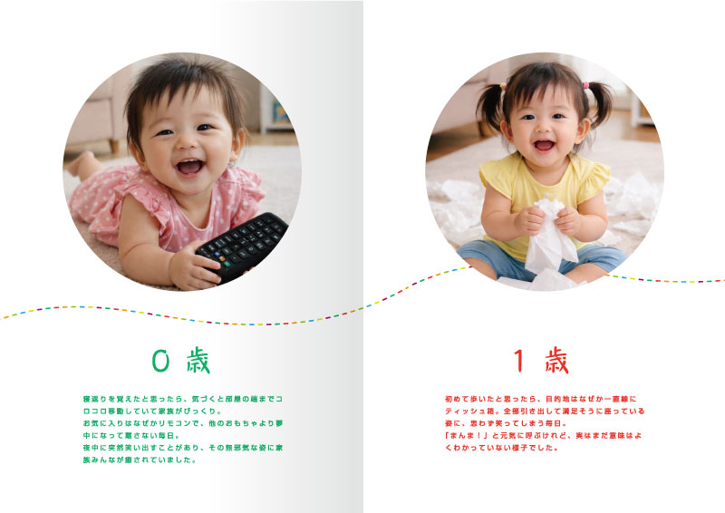 子供の成長記録　メモリアルブック デザインAの2〜3ページ見本