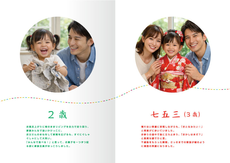 子供の成長記録　メモリアルブック デザインAの4〜5ページ見本