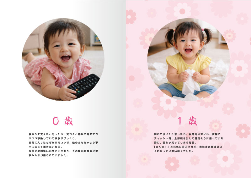 子供の成長記録　メモリアルブック デザインBの2〜3ページの見本