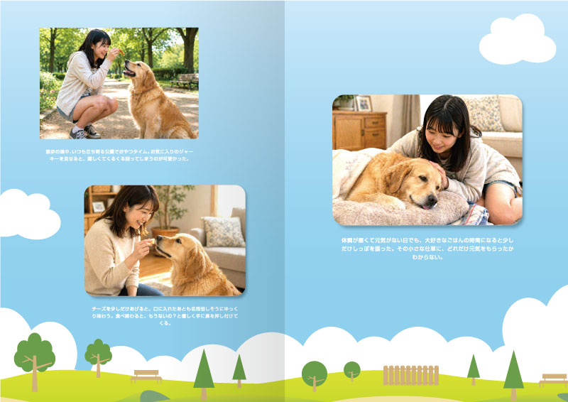 愛犬・愛猫　ペットとの思い出　メモリアルブック デザインAの4〜5ページ見本