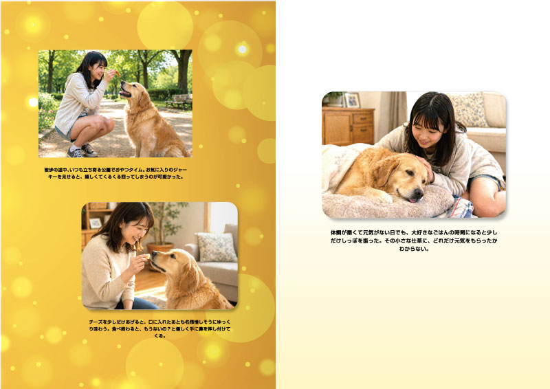 愛犬・愛猫　ペットとの思い出　メモリアルブック デザインBの4〜5ページの見本