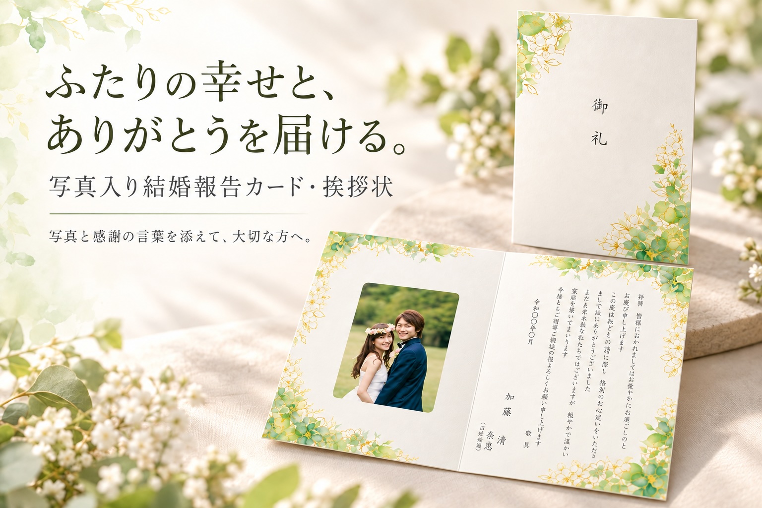 ふたりの幸せと、ありがとうを届ける。写真入り結婚報告カード・挨拶状。グリーン柄の表紙と、写真・挨拶文を収めた内面のイメージ。