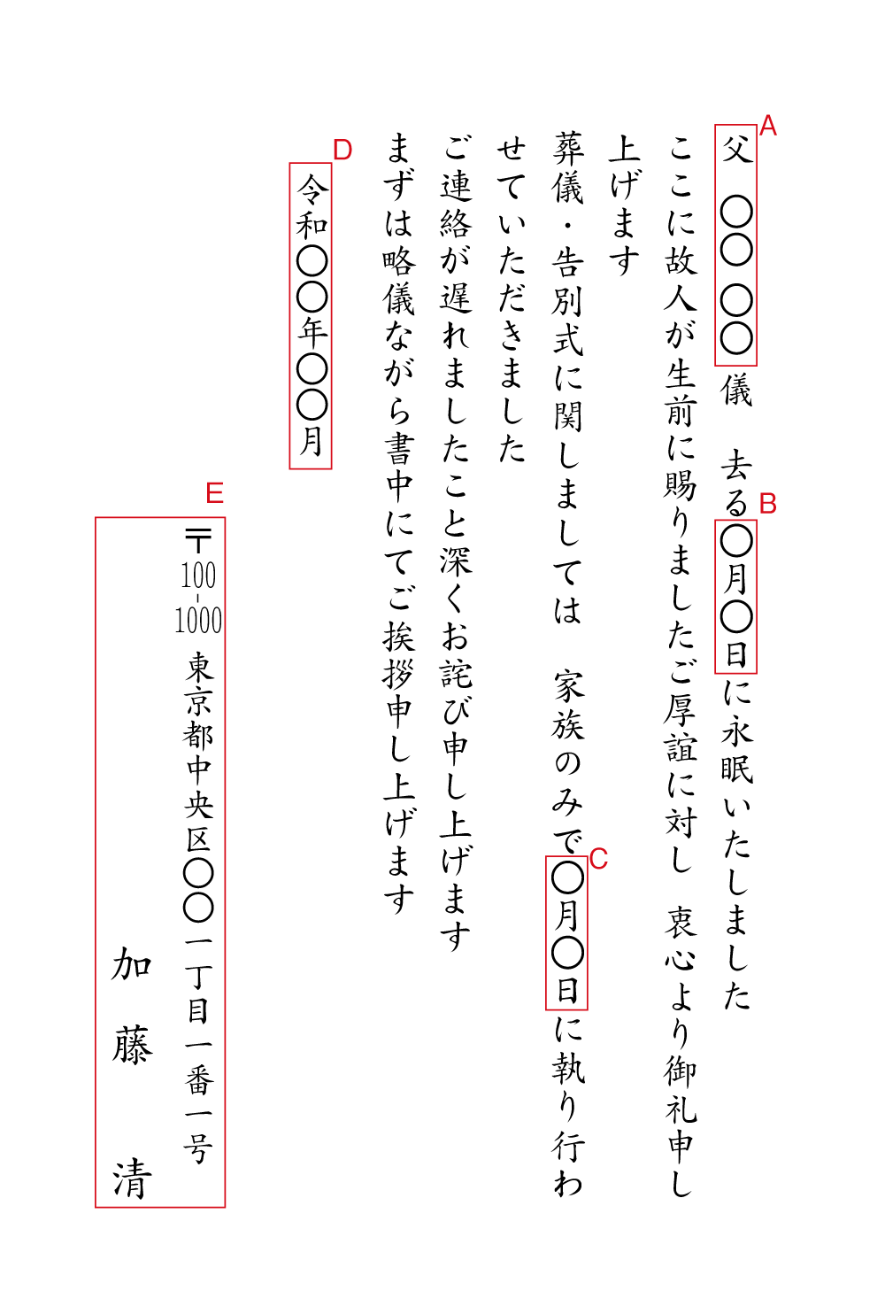 yy01死亡通知　葬儀・告別式を家族のみで　昨今の状況を考慮し　挨拶状見本