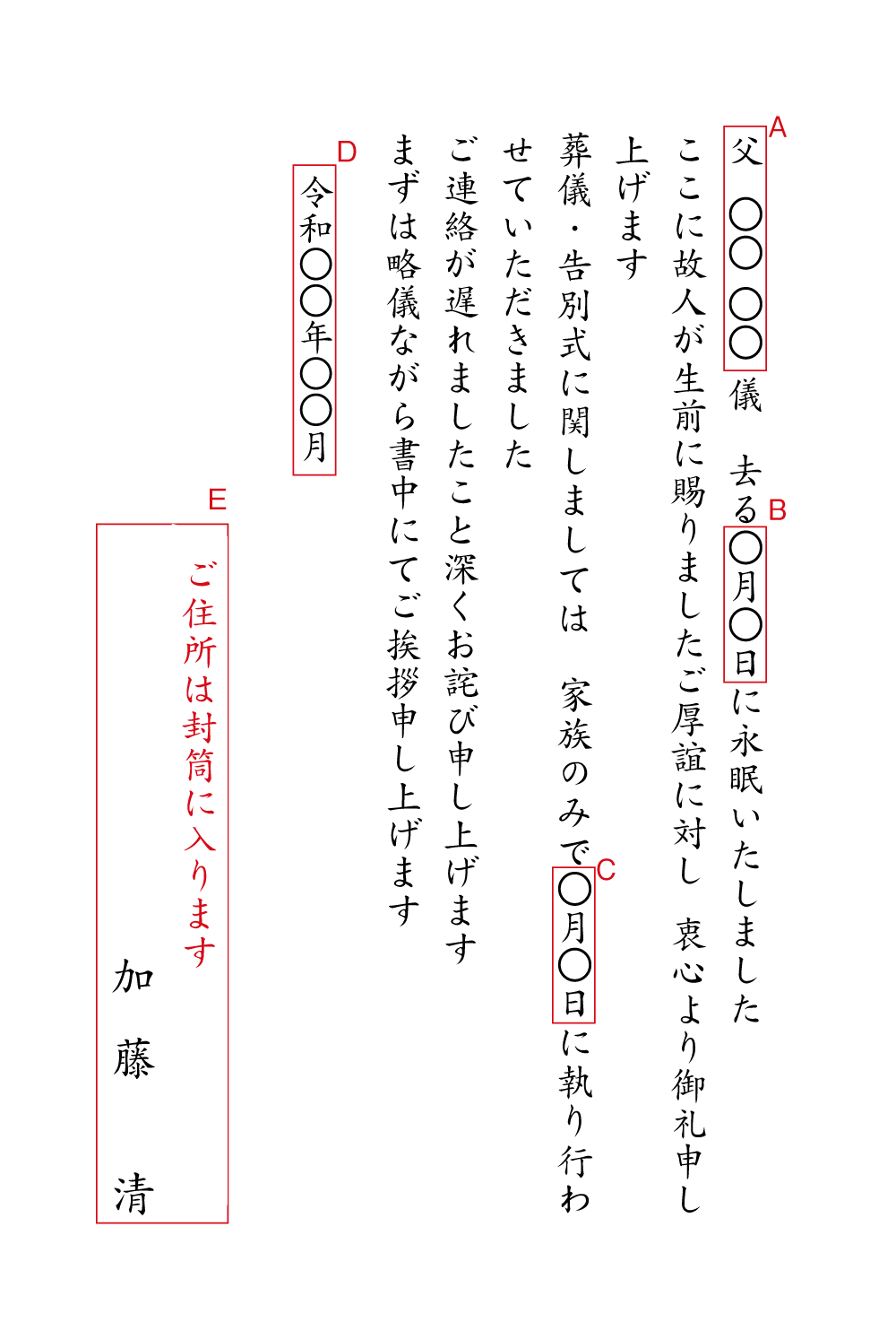 yy01死亡通知（家族葬）　挨拶状見本