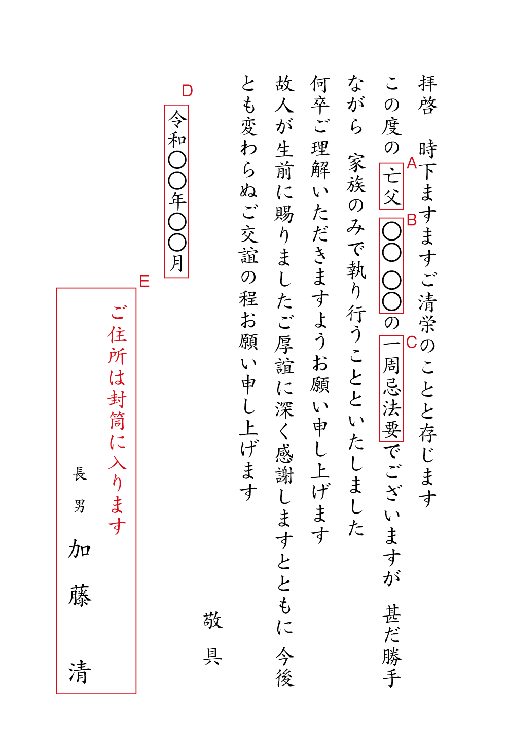 yy20法要（コロナ禍のため家族のみで）　挨拶状見本