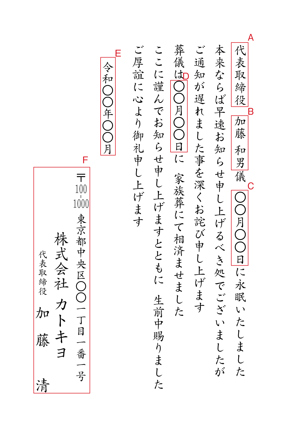 yy48死亡通知（法人）　近親者にて葬儀を済ませました　昨今の状況を鑑みて　挨拶状見本